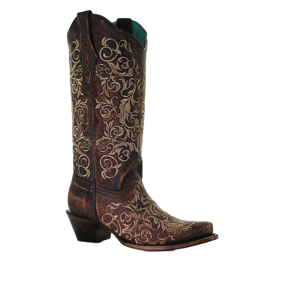 Corral Ladies Honey Brown Floral Snip Toe Western Boots Z5016