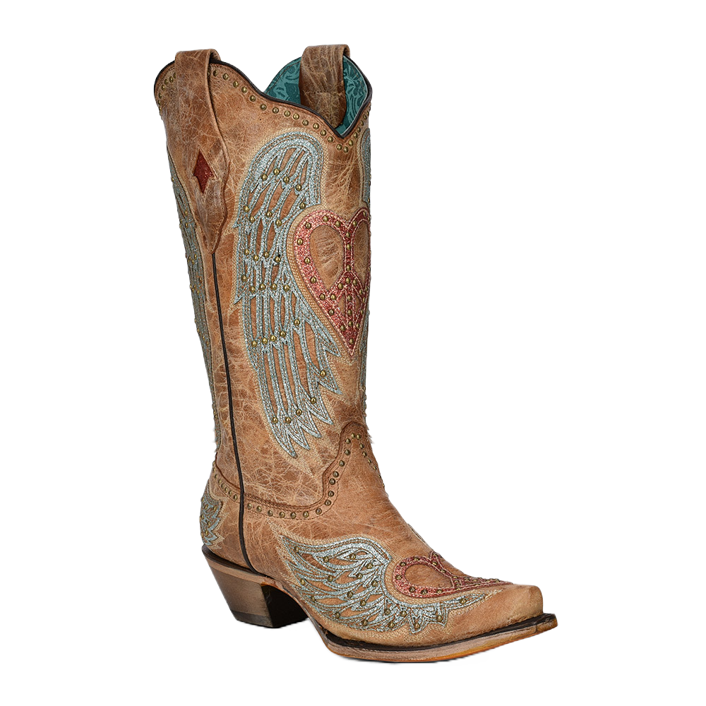 Corral Ladies Studded Heart & Wings Overlay Sand Western Boots A4235