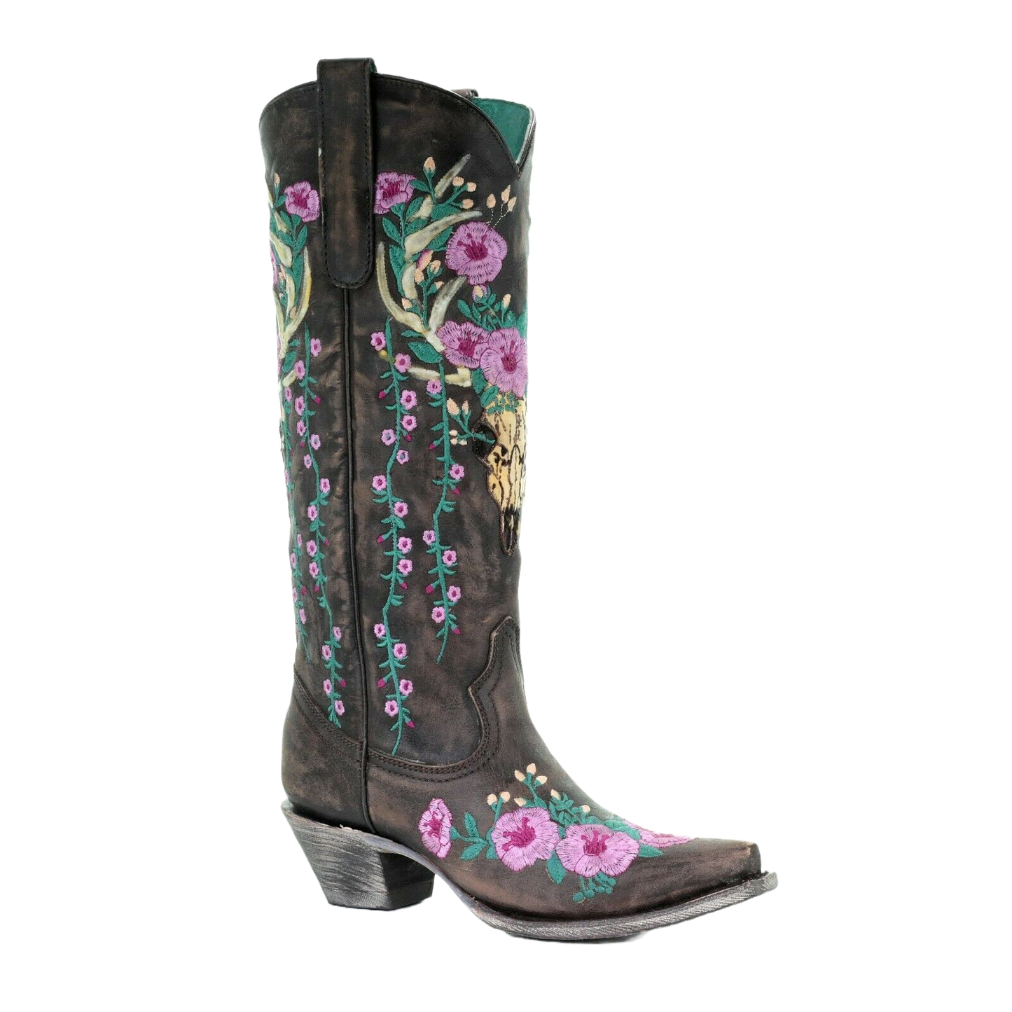 Corral Ladies Dark Brown Skull Overlay Floral Embroidery Boot A3621