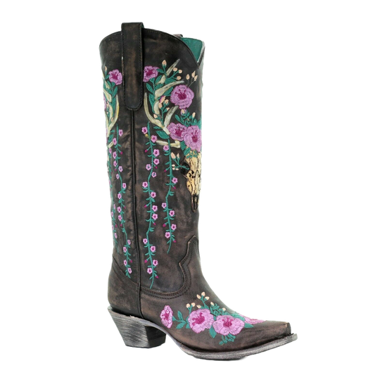 Corral Ladies Dark Brown Skull Overlay & Floral Embroidery Boot A3621
