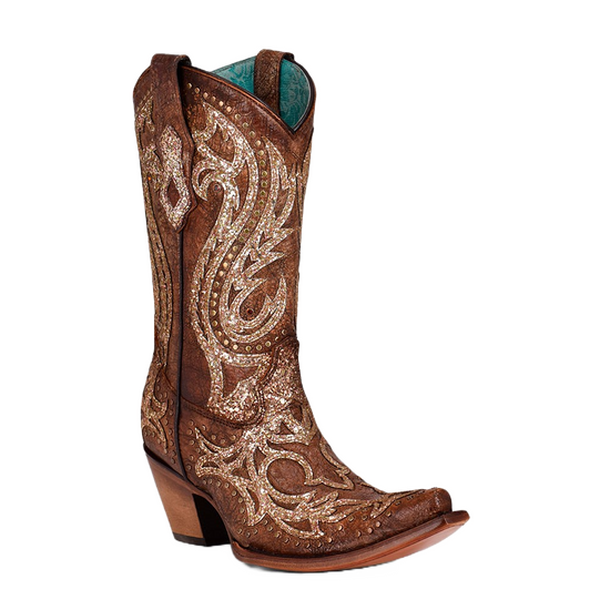 Corral Ladies Cognac Overlay & Studs with Crystals Western Boots C3825