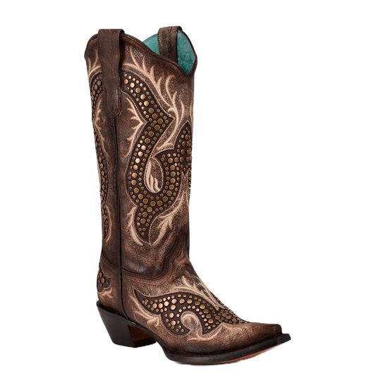 Corral Ladies Embroidery & Studs Taupe Overlay Western Boots C3794
