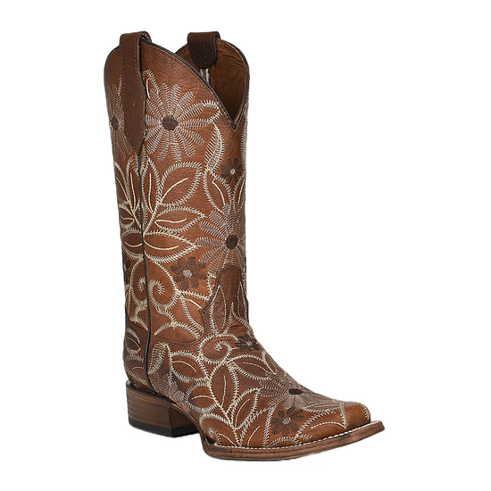 Circle G by Corral Ladies Saddle Floral Embroidered Tan Square Toe Boots L5837