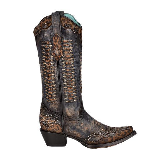 Corral® Ladies Black Leopard Print Overlay Studded Boots C3881