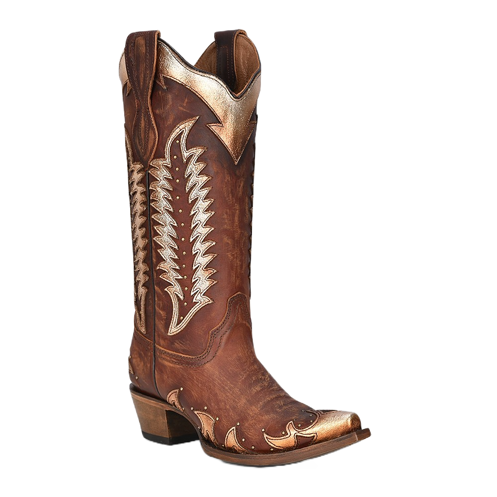 Circle G By Corral Ladies Cognac Studded Overlay Snip Toe Boots L2042