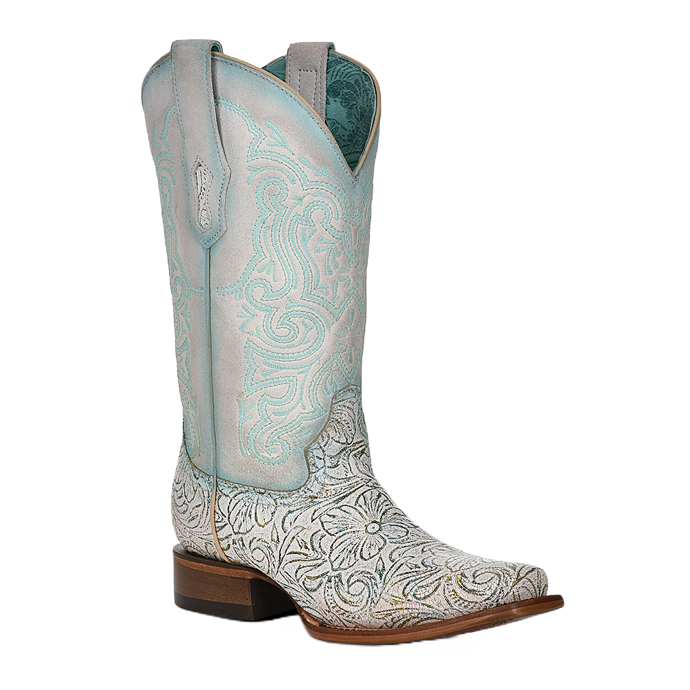 Corral Ladies Embroidered White & Turquoise Square Toe Boot Z5139