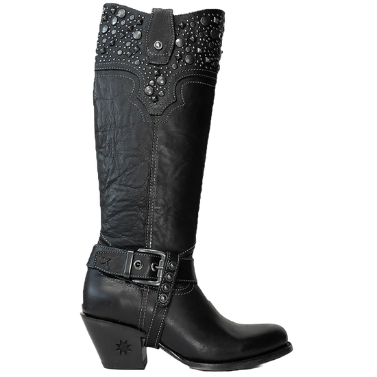 Black Star Ladies Levelland Studded Black Tall Western Boots WBRO001