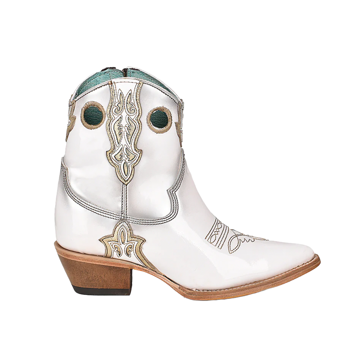 Corral® Ladies Embroidered White & Gold Pointed Toe Ankle Booties C3898