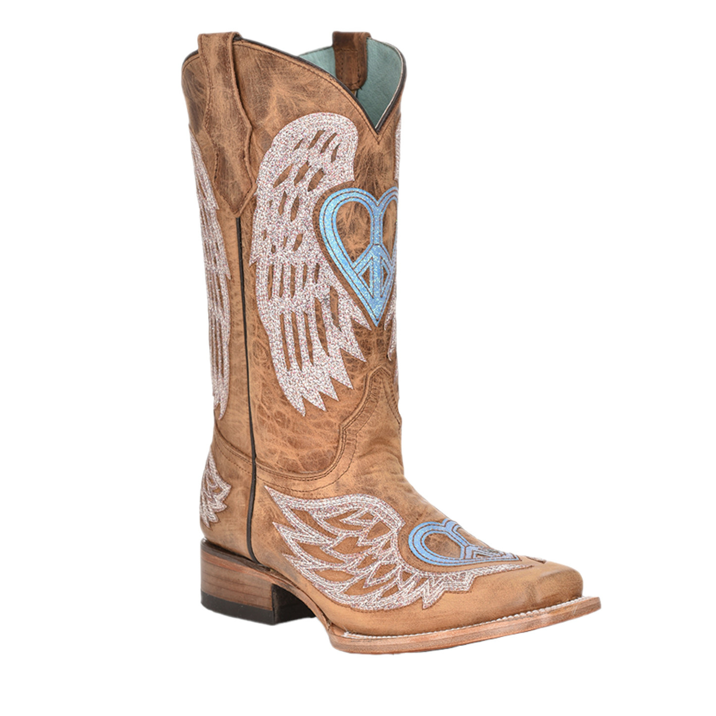 Corral® Girls Glitter Heart Winged Overlay Tan Square Toe Boots T0145