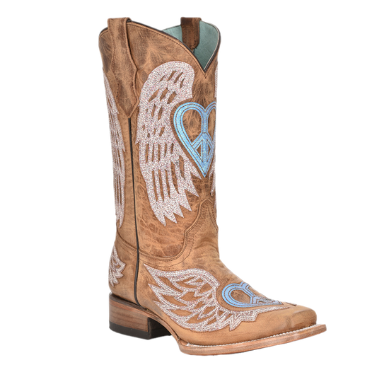 Corral® Girls Glitter Heart Winged Overlay Tan Square Toe Boots T0145