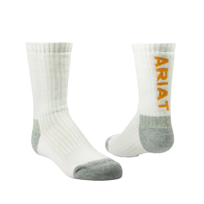 Load image into Gallery viewer, Ariat Boy&amp;#39;s 2 Pack Premium Ringspun White Crew Socks AR2984-100
