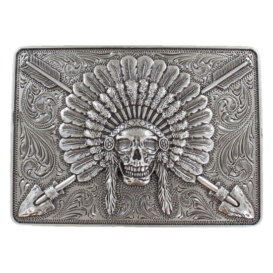 Ariat Indian Chief Skull Rectangle Silver Belt Buckle A37009