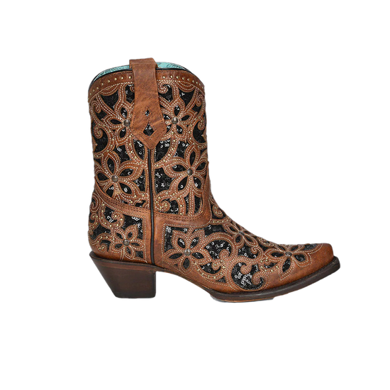 Corral Ladies Glitter Inlay and Studs Tan Ankle Boots A4278