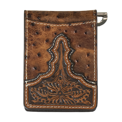 Ariat® Men's Floral Embossed  Brown Bi-Fold Money Clip A3553302