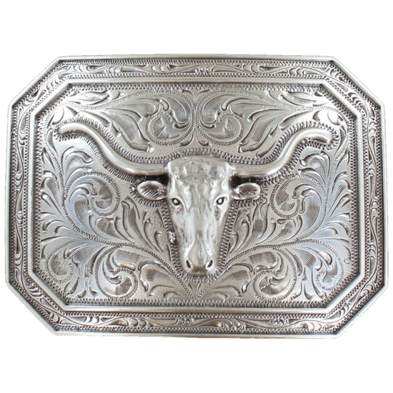 Ariat Rectangle Smooth Edge Longhorn Silver Belt Buckle A37008