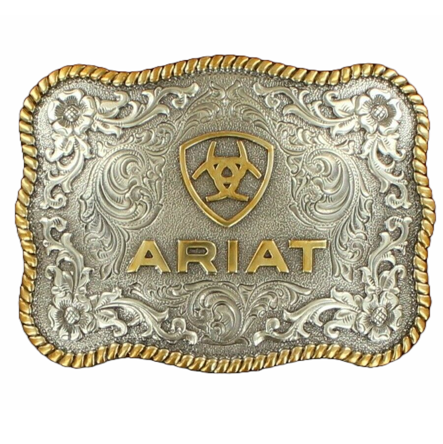Ariat Rectangle Filigree Swirl Gold/Silver Tone Logo Belt Buckle A37007