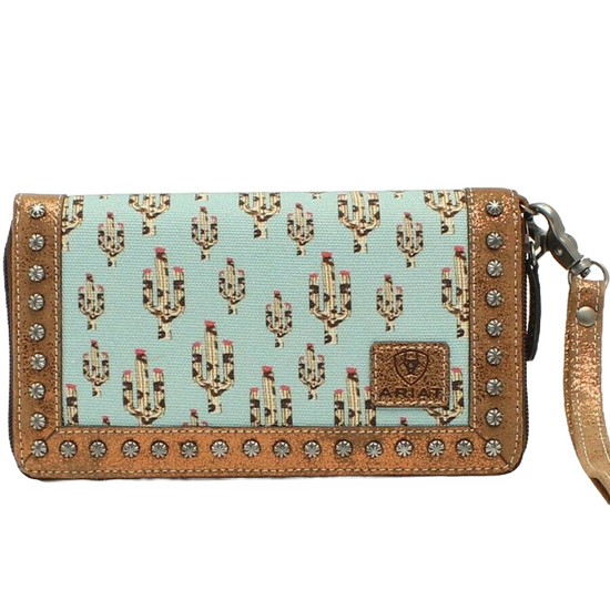 Load image into Gallery viewer, Ariat Ladies Turquoise Cactus Print Studded Metallic Leather Clutch A770000133
