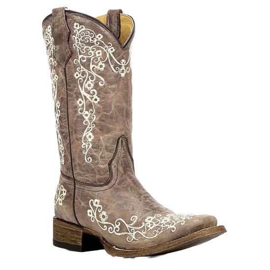 Load image into Gallery viewer, Corral Children&amp;#39;s Bone Embroidered Cowhide Square Toe Boot A2980
