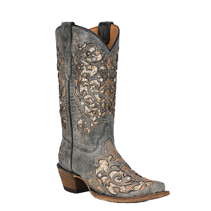 Corral® Youth Girls Studded Inlay Black & Gold Western Boots T0137