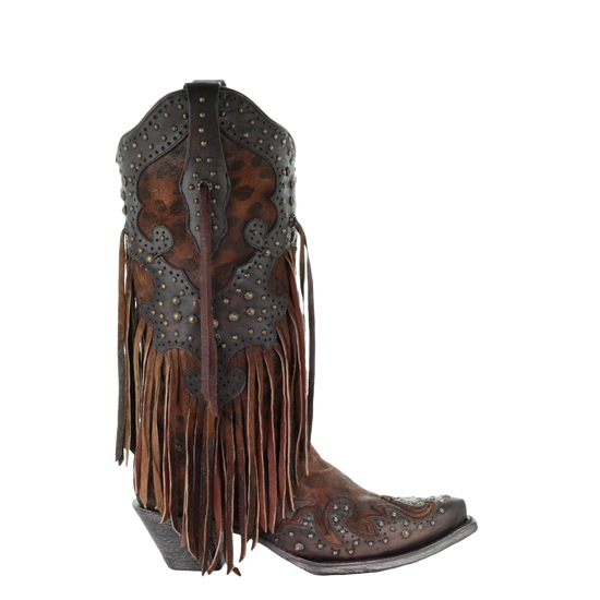 Load image into Gallery viewer, Corral Ladies Patricia Honey Goat Leopard Fringe &amp;amp; Studs Boots A3618
