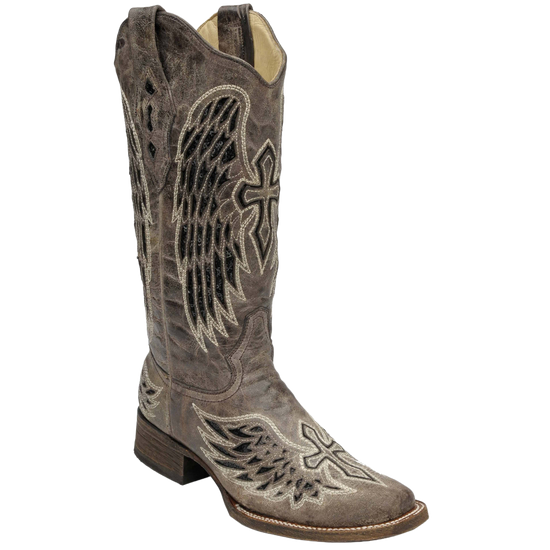 Corral Ladies Brown/Black Wing & Cross Sequence Square Toe Boots A1197