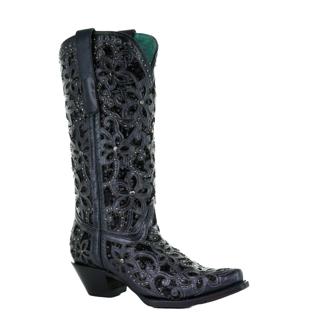 Corral Ladies Black Inlay Embroidery & Studs Boots A3752