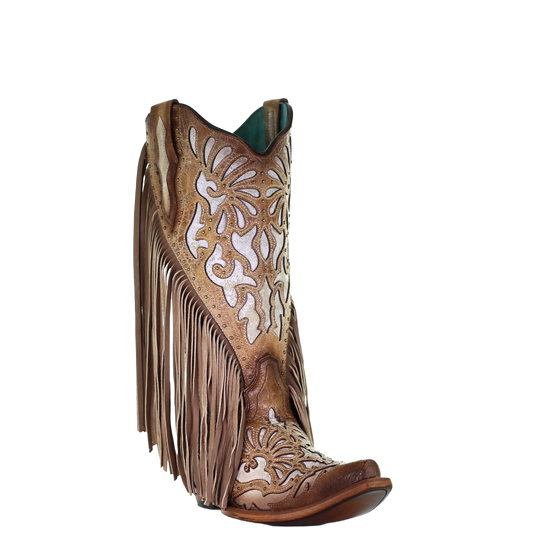 Corral Ladies Saddle Brown Lamb Inlay Embroidery & Fringe Boots C3766