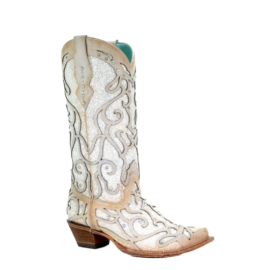 Corral Ladies White Glitter Inlay/Crystals Sniped Toe Boot C3434