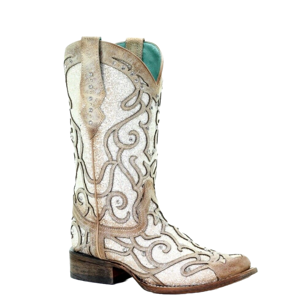 Load image into Gallery viewer, Corral Ladies Bone &amp;amp; White Glitter Inlay &amp;amp; Studs Boots C3482

