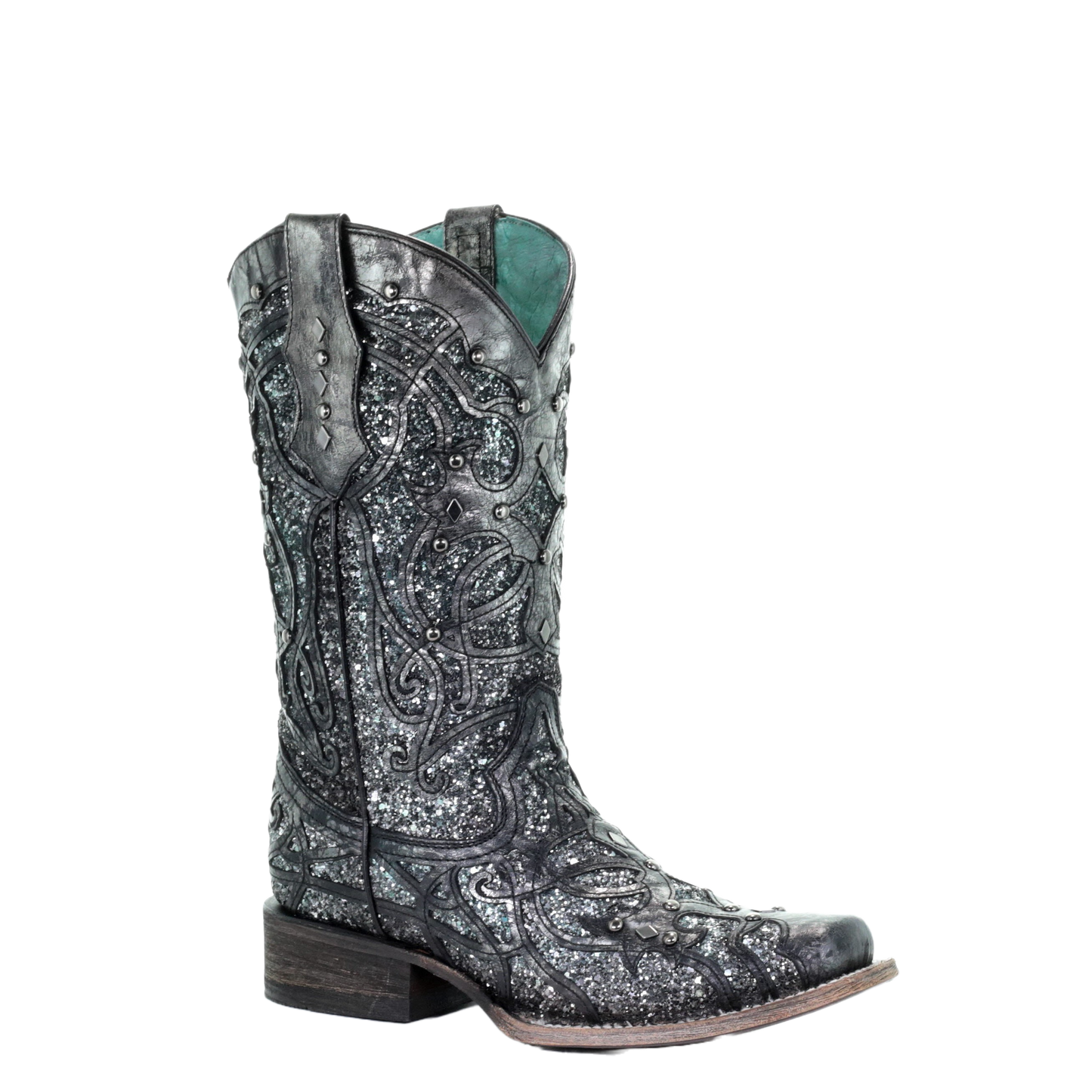 Corral Ladies Black Grey Glitter Inlay & Studs Square Toe Boots C3404