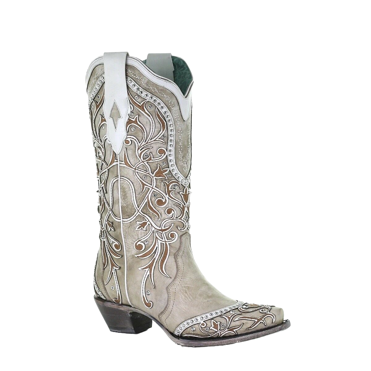 Corral Ladies White Overlay With Studs & Crystals Leather Boots A3837