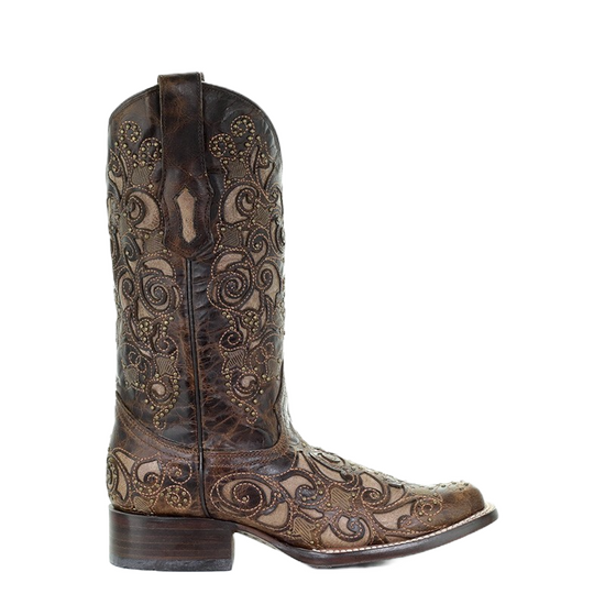Corral Ladies Brown Inlay, Studs & Embroidery Boots A3326