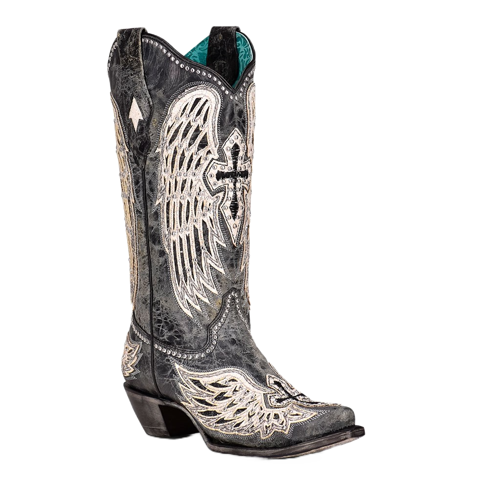 Corral Ladies Black Cross & Wings Overlay & Studs Grey Boots A4232