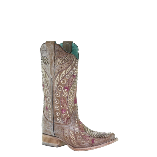 Corral Ladies Taupe Flowered Embroidery & Crystal Studs Boots E1520