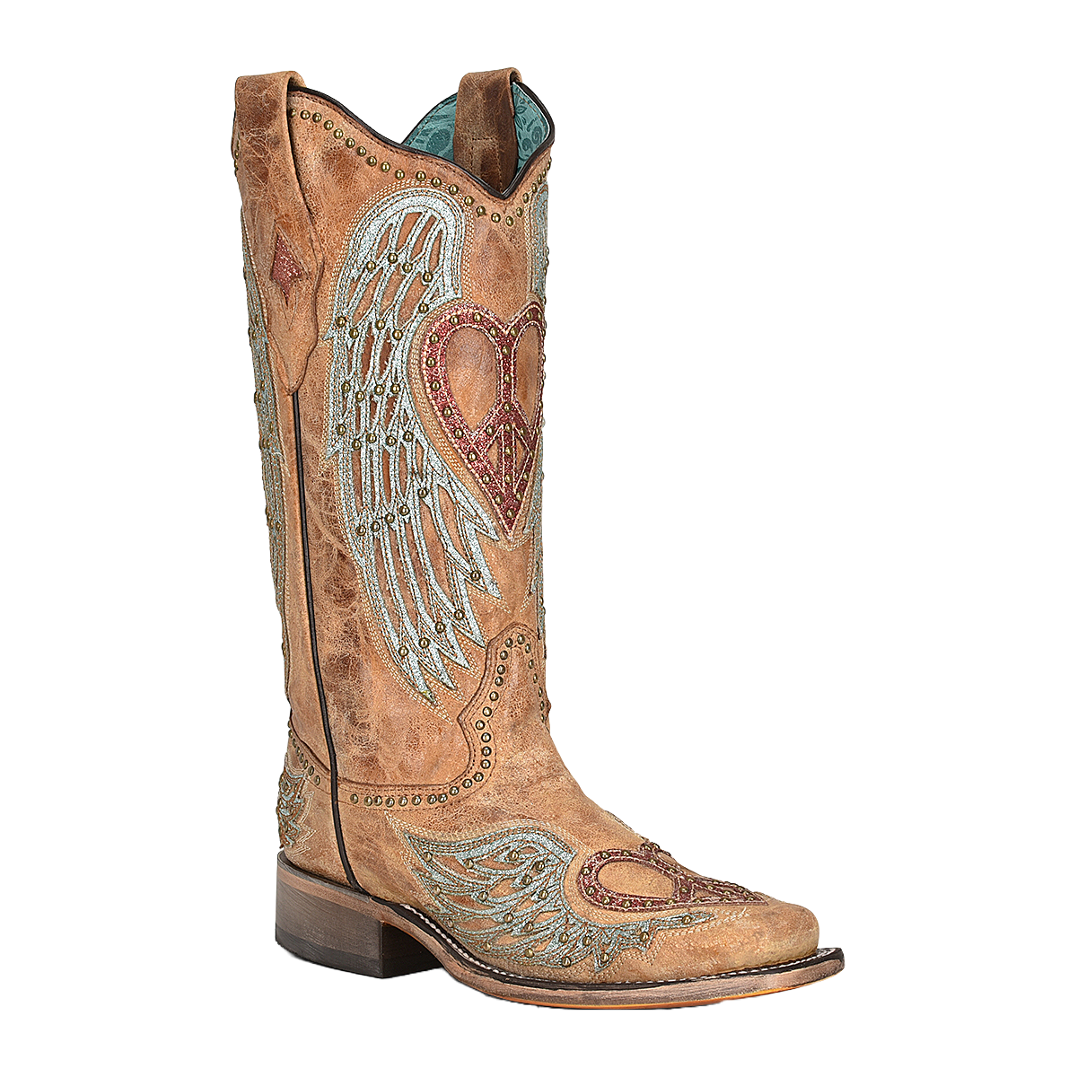 Corral Ladies Sandy Brown Heart & Wings Overlay Square Toe Boots A4313