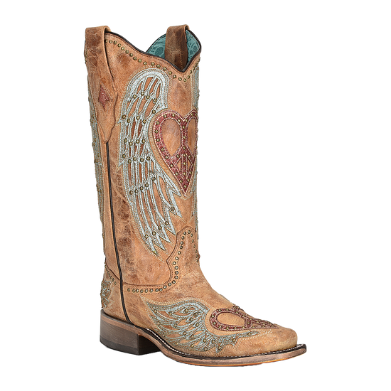Corral Ladies Sandy Brown Heart & Wings Overlay Square Toe Boots A4313