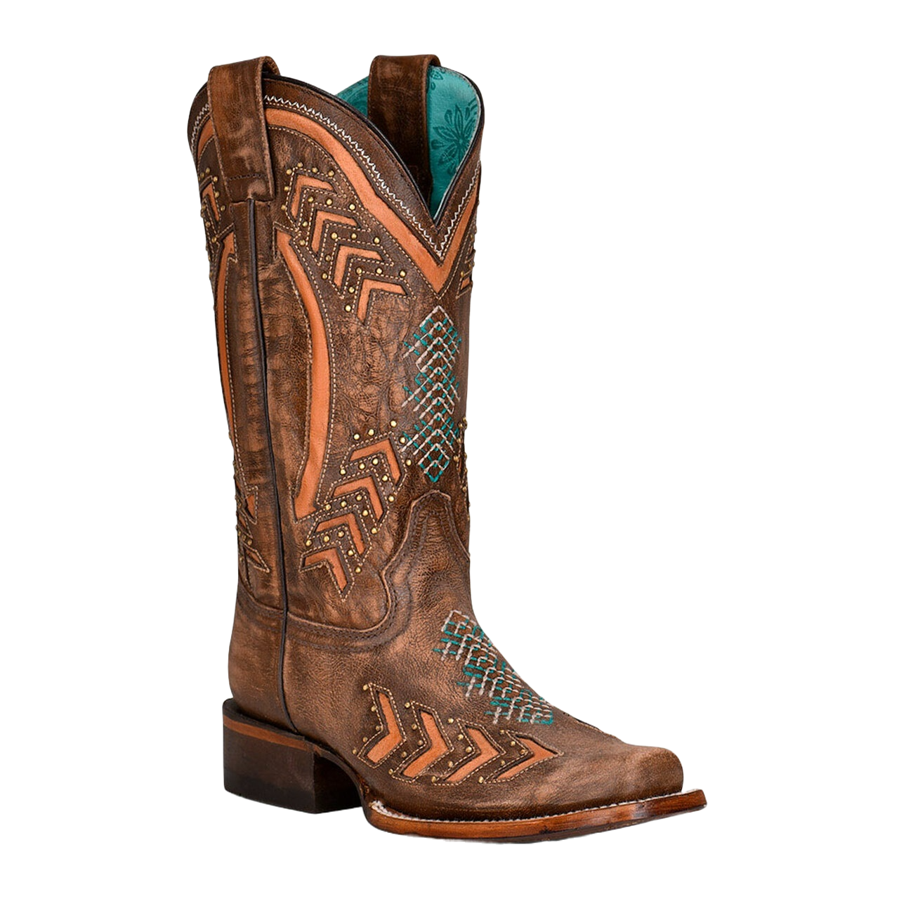 Corral Ladies Embroidery & Studs Brown Laser Square Toe Boots Z5009