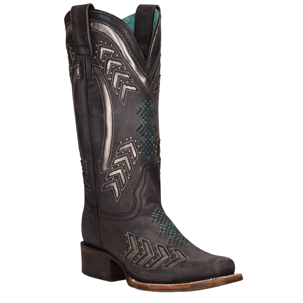 Corral Ladies Embroidery & Studs Grey Laser Square Toe Boots Z5010