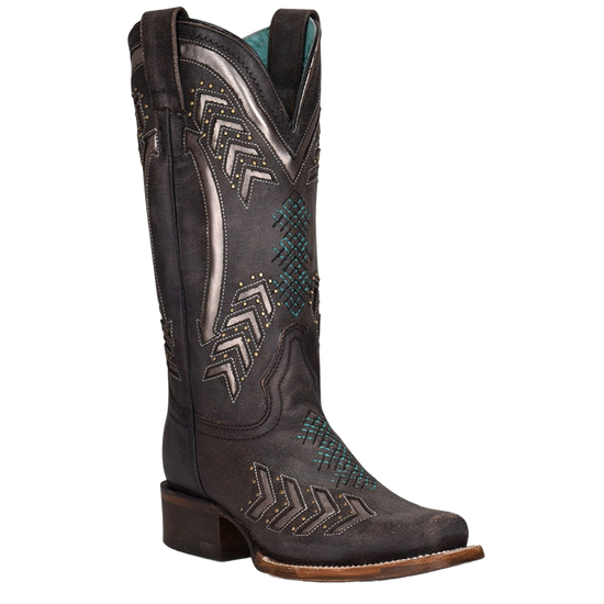 Corral Ladies Embroidery & Studs Grey Laser Square Toe Boots Z5010