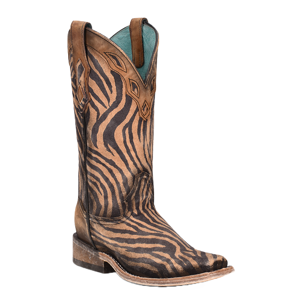 Corral Ladies Saddle Zebra Print Overlay Square Toe Boots C3859