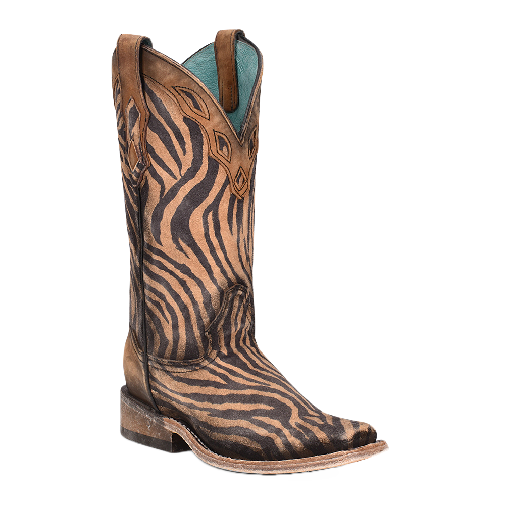 Corral Ladies Saddle Zebra Print & Overlay Square Toe Boots C3859
