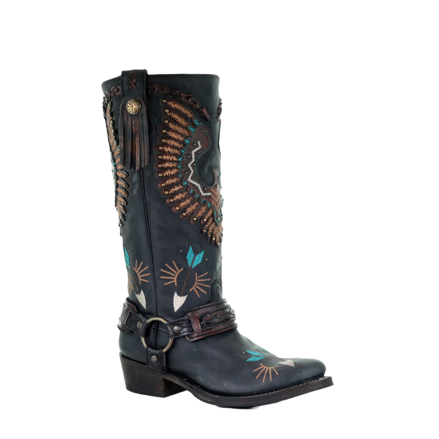 Corral Ladies Eagle Overlay w/ Embroidery & Harness Biker Boots A3616