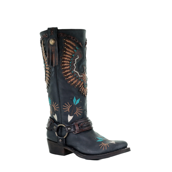 Corral Ladies Eagle Overlay w/ Embroidery & Harness Biker Boots A3616