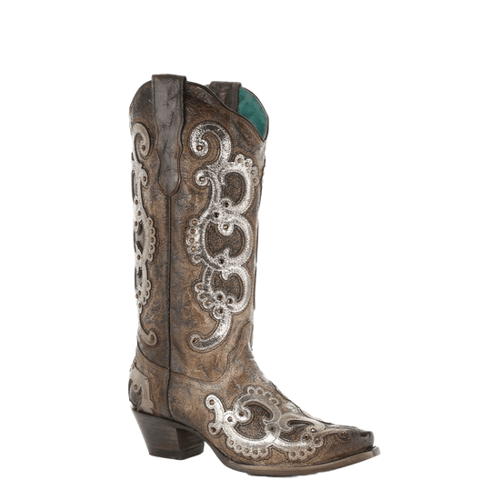 Corral Ladies Brown & Grey Overlay Embroidery & Studs Boots E1509