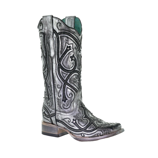 Corral Ladies Silver Overlay & Embroidery Square Toe Boots E1598