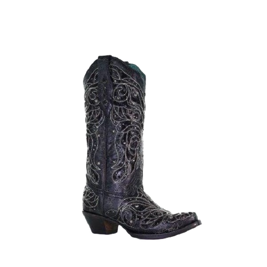 Corral Ladies Black Inlay Bone Embroidery & Studs Black Boots A4123