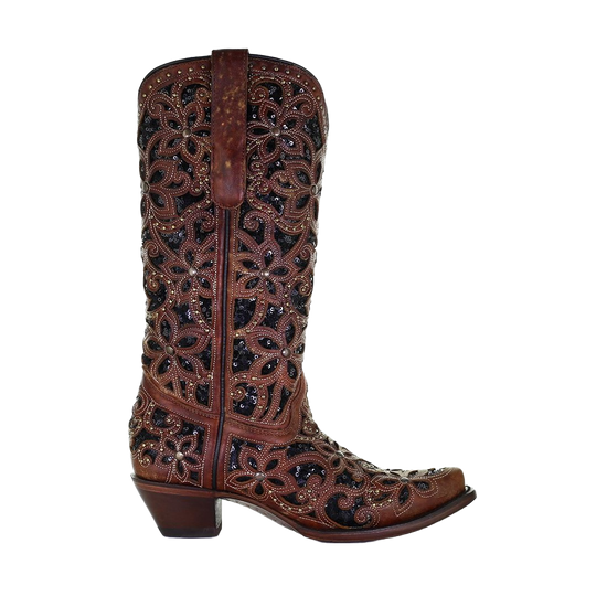 Corral Ladies Tan & Black Inlay, Embroidery & Stud Leather Boots A4083