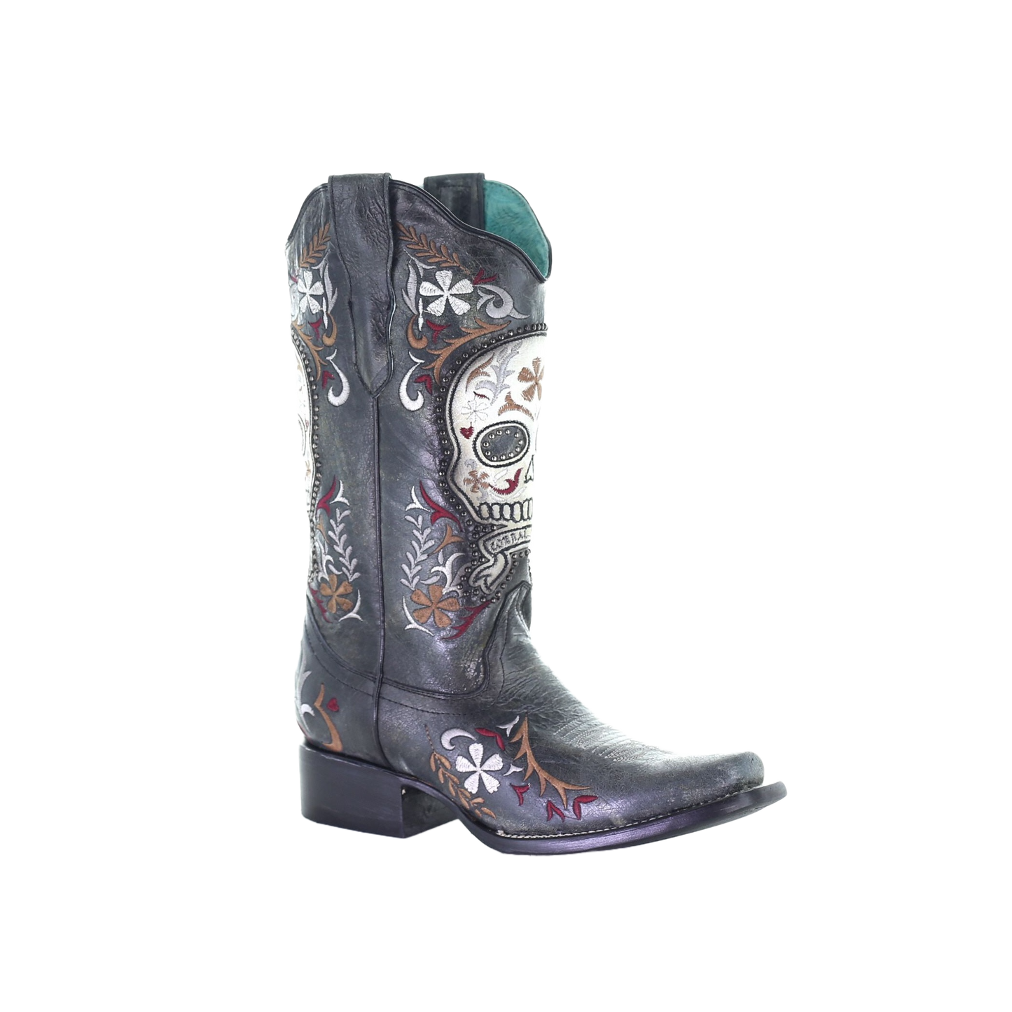 Corral Ladies Black Skull Overlay and Embroidery Square Toe Boots E1653