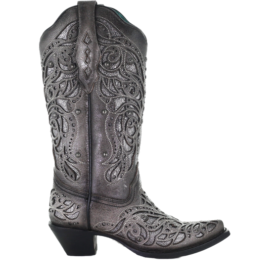 Corral Ladies Grey With Silver Inlay & Studs Embroidered Boots A3939