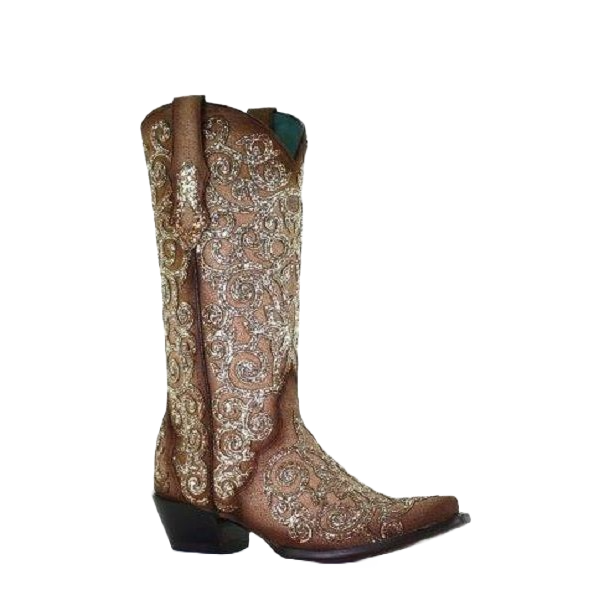 Corral Ladies Bone Lamb Glitter Overlay & Embroidery Boots C3763